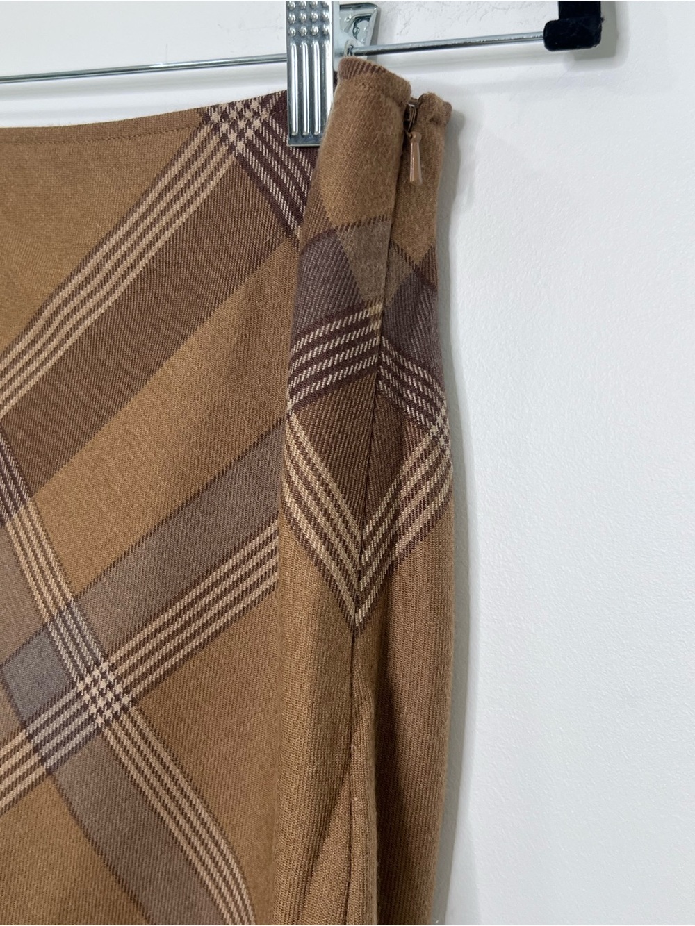 Ralph Lauren 100% Wool Plaid Midi Skirt Brown Tan Bias Cut Heritage Size 0 - Picture 3 of 4